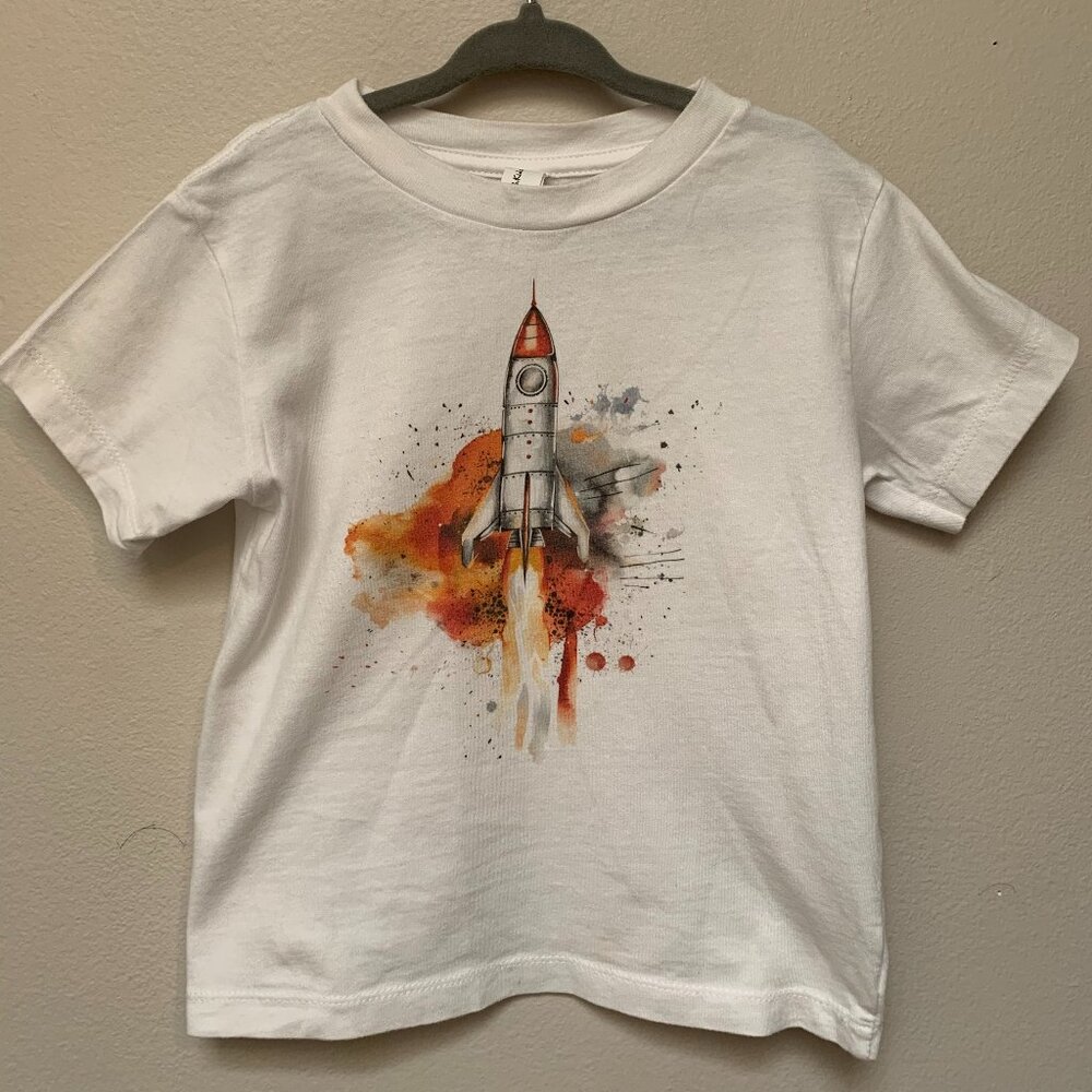 Rocket Print White Cotton T-Shirt Great Condition 3T